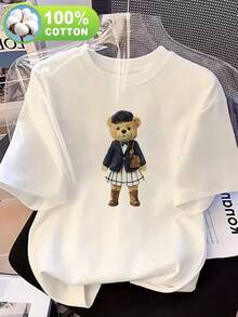 [Circun]Camiseta de mujer de algodón puro, holgada, de cuello redondo, versátil, cómoda y casual para chicas jóvenes, de manga corta, juvenil, moderna y llena de vitalidad para el día a día, 100% algodón, la elección perfecta para primavera y verano, con tela ligera, transpirable y cómoda, un imprescindible para las cuatro estaciones (lavable a máquina) - Ideal para usar los fines de semana, diseño divertido, camiseta de cuello redondo para uso diario, cómoda y agradable al tacto. - Blanco - Ver 6