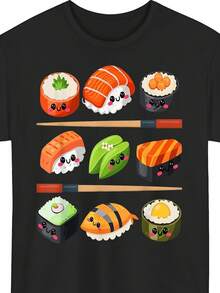 Kawaii Anime Happy Sushi Set | Short Sleeve T-Shirt For Japanese Food Lovers And Otakus | Same Style For Men And Women | Printed Short Sleeve T-Shirt For Summer 2025 | Pure 220G | Crew Neck, Regular Fit, For All Seasons, Vintage Style | Exquisite Design | Loose And Comfortable | Easy To Match | - 黑色 - 查看 6