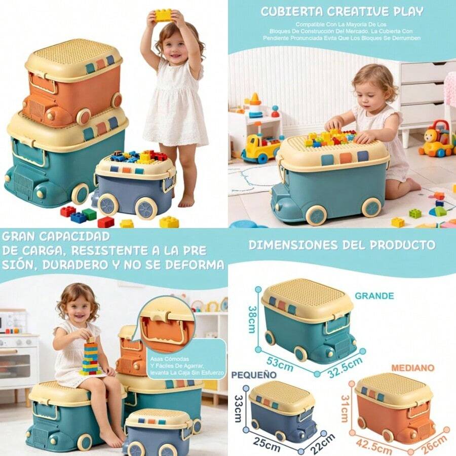Cestas de Almacenamiento, Caja de Juguetes para Niños, 3 Piezas Juguetero Organizador Infantil, con Ruedas y Asas, Cestas de Organizadoras de de Apilable para Ropa Juguetes, para Niños, Niñas - Multicolor - Ver 1