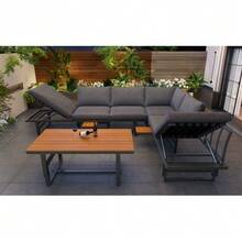 Garden Furniture Set, Grey, 3-Piece Set With 2 Sofas, Table, Powder-Coated Iron Frame, Adjustable Backrest, Acacia Wood, Adjustable Table, Including All Seat Cushions And Pillows - 灰色 - 查看 3