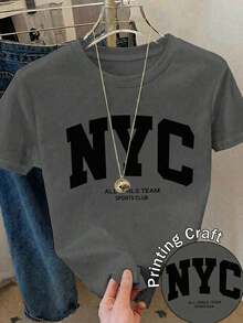 Free Shipping, Local Delivery In Mexico, Delivery In 4 Days. Women's Casual T-Shirt With NYC Graphic Print, Short Sleeves, Crew Neck, Polyester, Regular Fit, Urban Style With Slight Stretch. - 深灰色 - 查看 5