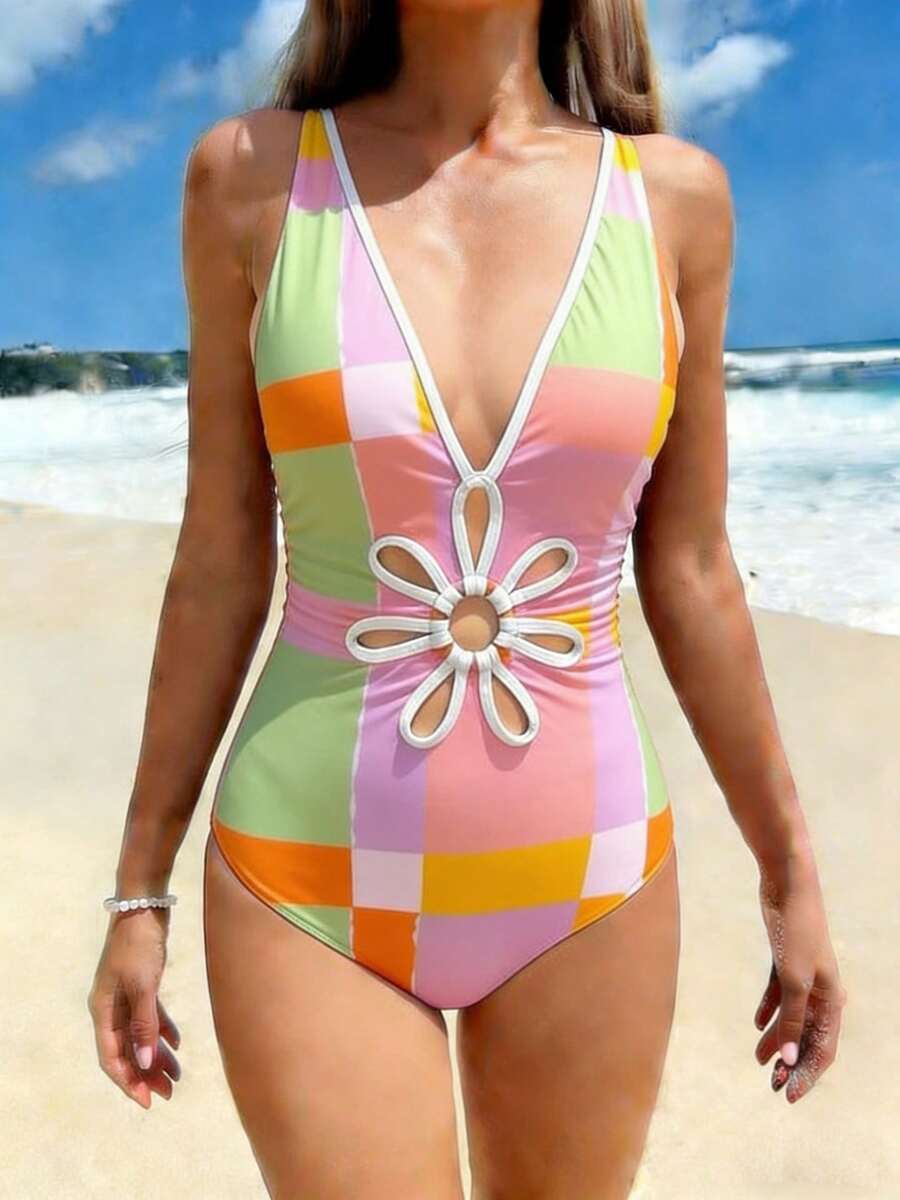 Women's Simple One-Piece Swimsuit 2026, Solid Color Sport Bikini With Cutout Design - 單花彩格 - 查看 1