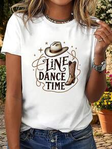 Women's T-Shirt With Western-Style Cowboy Boots And Hat Print - Casual Short-Sleeved Crew Neck Top - Suitable For Line Dancing, Spring And Summer Outfits, Theme Parties, Machine-Washable Casual Wear - 白色的 - 查看 2