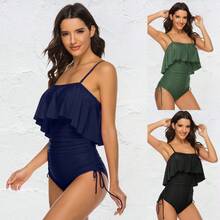 Traje de baño de una pieza para niña, de color sólido, sexy, con tirantes grandes y volantes. - Azul - Ver 2
