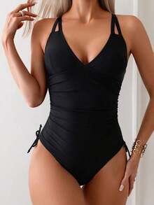 1 pieza Traje de baño de una sola pieza de unicolor con cordón y fruncido en los lados, estilo de vacaciones para mujer - Negro - Ver 3