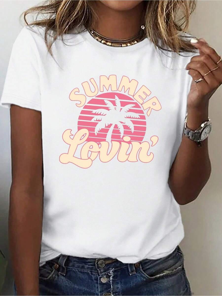 Camiseta Rosa Suave con Estampado de Palmeras Tropicales - Camiseta de playa de manga corta y cuello redondo, corte holgado en forma de H, ligera y transpirable, adecuada para vacaciones, uso diario y para todas las estaciones, lavable a máquina. - Blanco - Ver 1