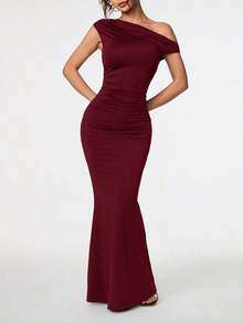 Ropa de verano, atuendos para citas diarias y viajes, atuendos de fiesta, ropa interior elegante para mujeres, atuendos para salir, vestido asimétrico con hombros caídos y cola de pez extra larga, atuendos de club para mujeres, atuendos para - Burdeos - Ver 3
