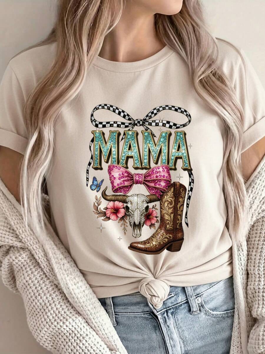 Women's & Men's Leisure T-Shirt And Size S For Women And Men, Women's T-Shirt, Size S, For Leisure Travel, College Party, MAMA Plaid Ribbon, Pink Rhinestone Bow, Bull Skull, Pink Hibiscus Flowers, Leaves, Brown Cowboy Boot, Blue Butterfly, Bright Stars. - 杏色 - 查看 1