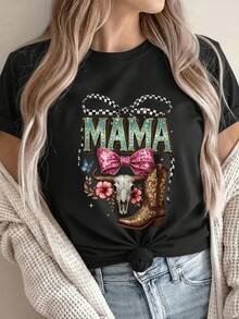 Women's & Men's Leisure T-Shirt And Size S For Women And Men, Women's T-Shirt, Size S, For Leisure Travel, College Party, MAMA Plaid Ribbon, Pink Rhinestone Bow, Bull Skull, Pink Hibiscus Flowers, Leaves, Brown Cowboy Boot, Blue Butterfly, Bright Stars. - 黑色 - 查看 8