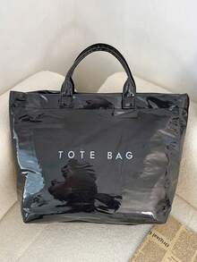 Letter Print Large Capacity PVC Transparent Tote Bag, Fashion Beach Vacation Handbag For Women - Black - View 6