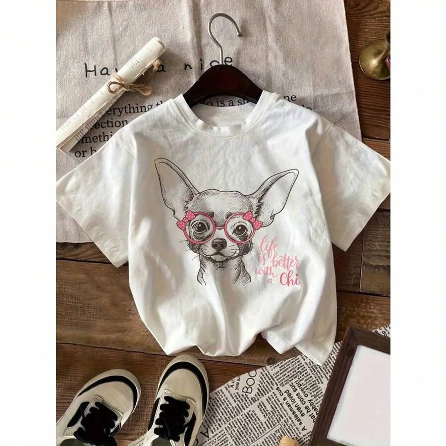 Women's Graphic Print Cotton T-Shirt - Cute Chihuahua Dog Design, Short Sleeve, Crew Neck, Casual Summer Top - Gift For Dog Lovers - 白色 - 查看 1