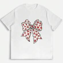 Camiseta con estampado de corazón y lazo, linda camiseta con temática de San Valentín, ropa casual para uso diario, regalo para adolescentes, camiseta gráfica moderna Y2K para mujeres, ropa elegante con temática de amor, camiseta romántica de San Valentín. - Blanco - Ver 4