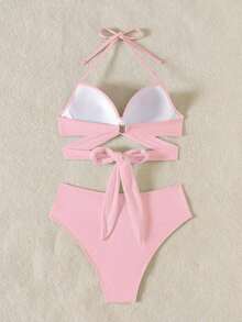 Swim Mod Conjunto de bikini de tirantes cruzados con envoltura de playa y soporte push-up para el verano - Rosa - Ver 2