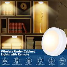 Luz LED tipo puck con control remoto, regulación de intensidad y temporizador, funciona con pilas (pilas no incluidas), diseño inalámbrico de presión, iluminación RGB de 13 colores - Adecuado para armarios, dormitorios, cocinas, debajo de escaleras - RGB - Ver 6