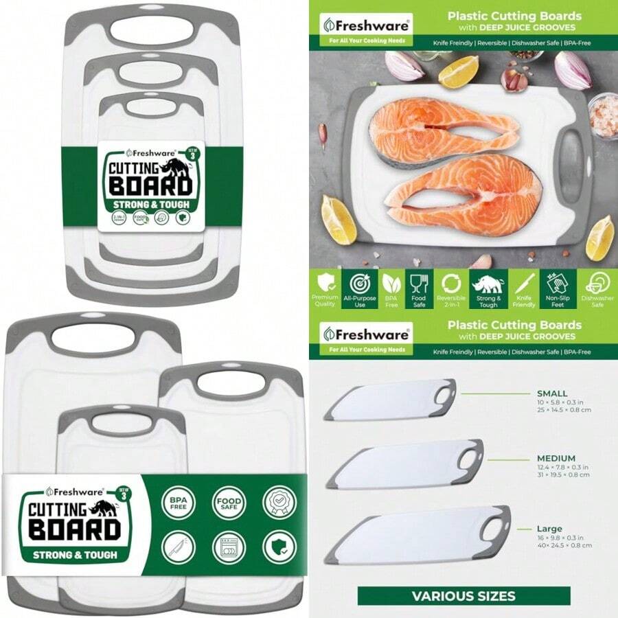 Freshware Cutting Board with Juice Grooves Reversible BPA-Free Non-Porous Dishwasher Safe Kitchen Set of 3 - Plstico juego de 3 - Ver 1