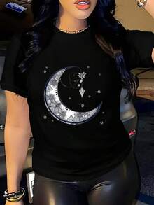 Women's Short-Sleeved T-Shirt With Front Print, Made Of Comfortable And Breathable Fabric, Casual Sporty Style, Suitable For Spring And Summer - Unisex Loose Cotton T-Shirt With Round Neck And Short Sleeves In Urban Vintage Style. - 黑色 - 查看 1