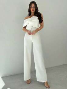 Mono modesto todo blanco para mujer, estilo "old money" casual de negocios para salir, diseño elegante con giro 3D sin mangas y espalda descubierta, adecuado para primavera, verano, otoño, invierno, festivales de música, vuelta al cole, vacaciones, ir al trabajo, aeropuerto - Blanco - Ver 4