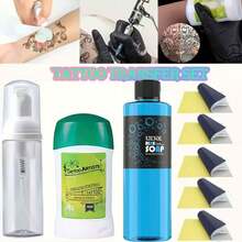 Kit de herramientas de transferencia de tatuajes, incluye jabón verde, gel de transferencia de tatuajes, botella de espuma y papel de transferencia de tatuajes, herramientas de transferencia de tatuajes, suministros y accesorios de tatuajes - Ver 1