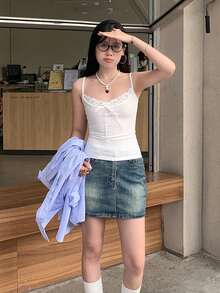 Solid Color Camisole Top With Padded Bust, Lace Trim Sleeveless Undershirt For Summer, Sexy Bow Decor Versatile Top Casual White - White - View 3