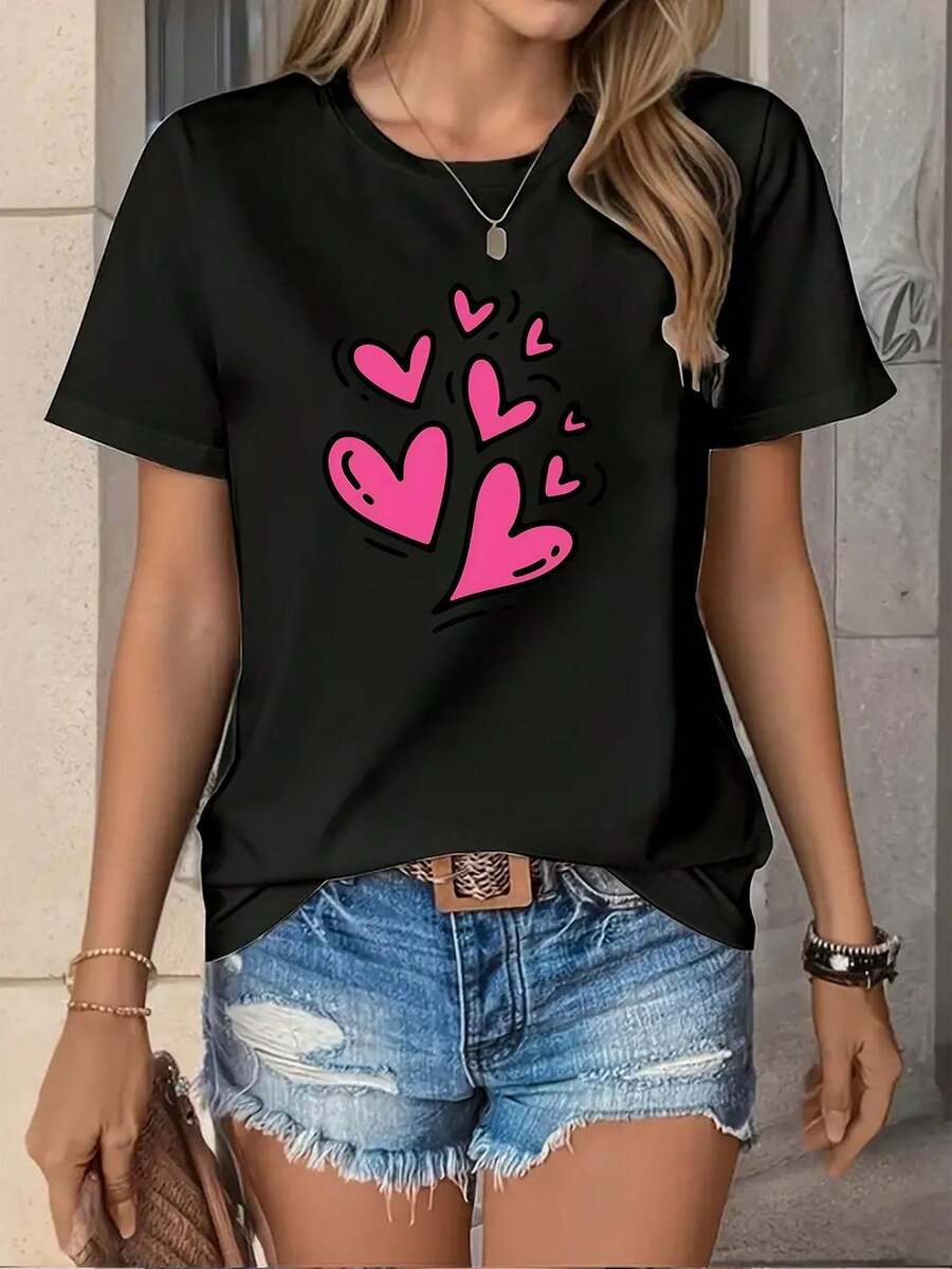 1 camiseta casual de cuello redondo para mujer, con estampado de corazones para el Día de San Valentín, moderna, cómoda, transpirable, de manga corta, de algodón, ligeramente elástica, adecuada para todas las estaciones, para adultos, hombres, mujeres, adolescentes y jóvenes. - Blanco - Ver 1