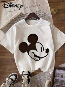 Disney Mickey Mouse Pattern Print T-Shirt, Round Neck Pullover, Casual Sporty Short Sleeve Top For Women - 白色 - 查看 6