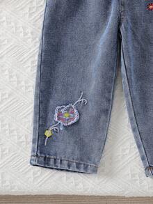 Pantalones vaqueros de niña con cintura elástica y bordado floral, pantalones casuales de moda callejera para exteriores - Azul - Ver 3
