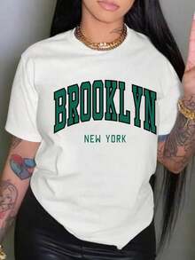 Semi-Sheer Crew Neck T-Shirt With Brooklyn Letter Print In Polyester Fabric, Casual Short-Sleeved Top With Dropped Shoulders, Women's Clothing - Vintage Street Style Unisexoose Cotton Short Sleeve Crew Neck T-Shirt - 白色 - 查看 6