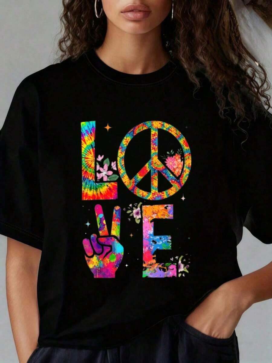 Camiseta Casual de Manga Corta con Cuello Redondo y Estampado de CasualWo, Camiseta con Diseño Tie Dye y Símbolo de Amor y Paz, Camiseta Negra de Diseño Floral Colorido de Wo, Camiseta Gráfica Estilo Hippie, Top de Moda de Verano, Adecuada para Fiestas de Navidad, Actividades Deportivas, Fiestas de Vacaciones, Salidas, Deportes y Otros Regalos Festivos. Imprescindible - Negro - Ver 1