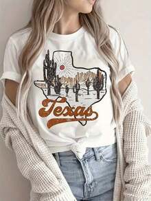 Camiseta de manga corta con cuello redondo y estampado informal para mujer, camiseta con estampado de silueta de Texas y cactus para mujer, color blanco combinado con los colores de la bandera de Texas en marrón, camiseta de manga corta y cuello redondo ligera y transpirable, adecuada para uso casual de verano, con un diseño temático de Texas y estilo sureño, ropa de talla grande para mujer, ropa rural para mujer, camiseta para mujer, camiseta vintage para mujer, camiseta de Pascua para mujer, camisa vintage para mujer, camiseta con estampado nacional para mujer, ropa de moda para mujer, camiseta de talla grande para mujer, camiseta de Halloween para mamá, ropa de talla grande para mujer, camiseta para mujer, camiseta de talla grande para mujer, ropa curva de talla grande para mujer, camiseta estampada para mujer, camiseta para mujer, top curvo 2026-CozySummerEssential&CasualChic Blusas Para Mujer - Blanco - Ver 7