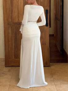 Vestido largo elegante con escote en V bordes de encaje manga farol lazos ajustable - Blanco - Ver 7