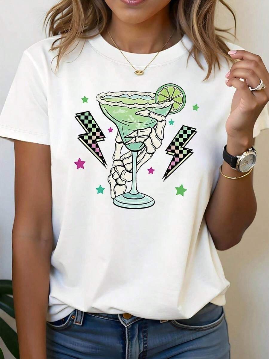 1 pieza, camiseta de manga corta de algodón puro clásica y versátil, adecuada para usar en cualquier estación, con el tema de la mujer esqueleto Margarita, estilo moderno - Blanco - Ver 1