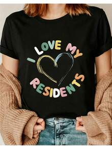 1 camiseta de mujer, con el conmovedor mensaje "I LOVE MY RESIDENTS" impreso en varios colores, con un diseño de corazón finamente pintado a mano (Blui01, top de manga corta con cuello redondo, una prenda casual y versátil adecuada para todas las estaciones). YQEH - Negro - Ver 1
