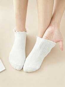 5 pares de calcetines cortos de mujer de color blido con volantes acanalados, transpirables y amigables con la piel, adecuados para el verano, versátiles, de estilo casual, combinables con todo, de tela cómoda, aptos para uso tanto en exteriores como en interiores - Blanco - Ver 4