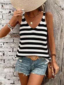 Parte superior de punto sin mangas de diseño hueco de unicolor para mujer, conjunto casual de ropa de punto informal, parte superior de cubierta de estilo bohemio para mujer, atuendo de verano bohemio chic para mujer - Blanco y Negro - Ver 6