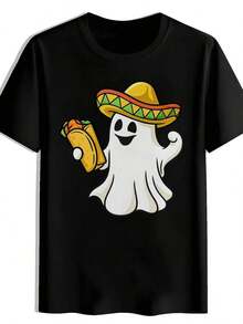 Camiseta de hombre con estampado de sombrero mexicano y taco - Camiseta de manga corta suave y resistente a las arrugas con colores de la bandera mexicana (verde, blanco, rojo), ropa casual y de fiesta para eventos temáticos, regalo de disfraz del Día de los MuertosConjuntos de Vacaciones de Verano 2026 - Negro - Ver 1