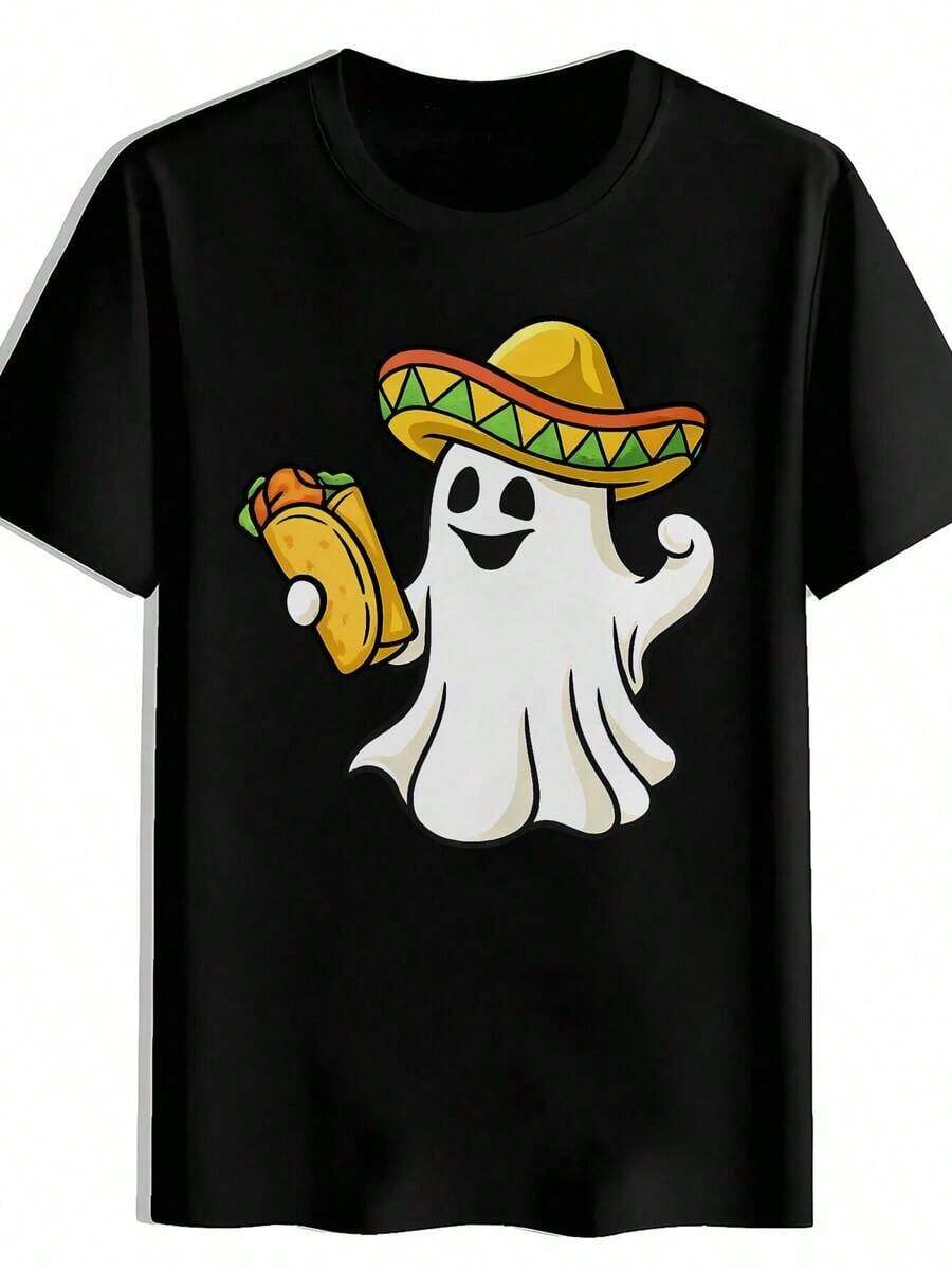 Camiseta de hombre con estampado de sombrero mexicano y taco - Camiseta de manga corta suave y resistente a las arrugas con colores de la bandera mexicana (verde, blanco, rojo), ropa casual y de fiesta para eventos temáticos, regalo de disfraz del Día de los MuertosConjuntos de Vacaciones de Verano 2026 - Negro - Ver 1