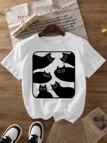 Camiseta Retro de Gato, Gato Divertido, Regalo para Amantes de los Gatos, Estampado de Patrón Vintage Primavera Verano Moda Popular para Mujer, Camiseta Pura, Ropa Casual para Salir, Diseño Suave y Cómodo - Blanco - Ver 1