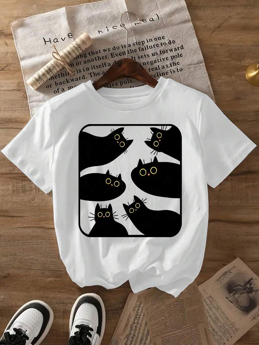 Camiseta Retro de Gato, Gato Divertido, Regalo para Amantes de los Gatos, Estampado de Patrón Vintage Primavera Verano Moda Popular para Mujer, Camiseta Pura, Ropa Casual para Salir, Diseño Suave y Cómodo - Blanco - Ver 1
