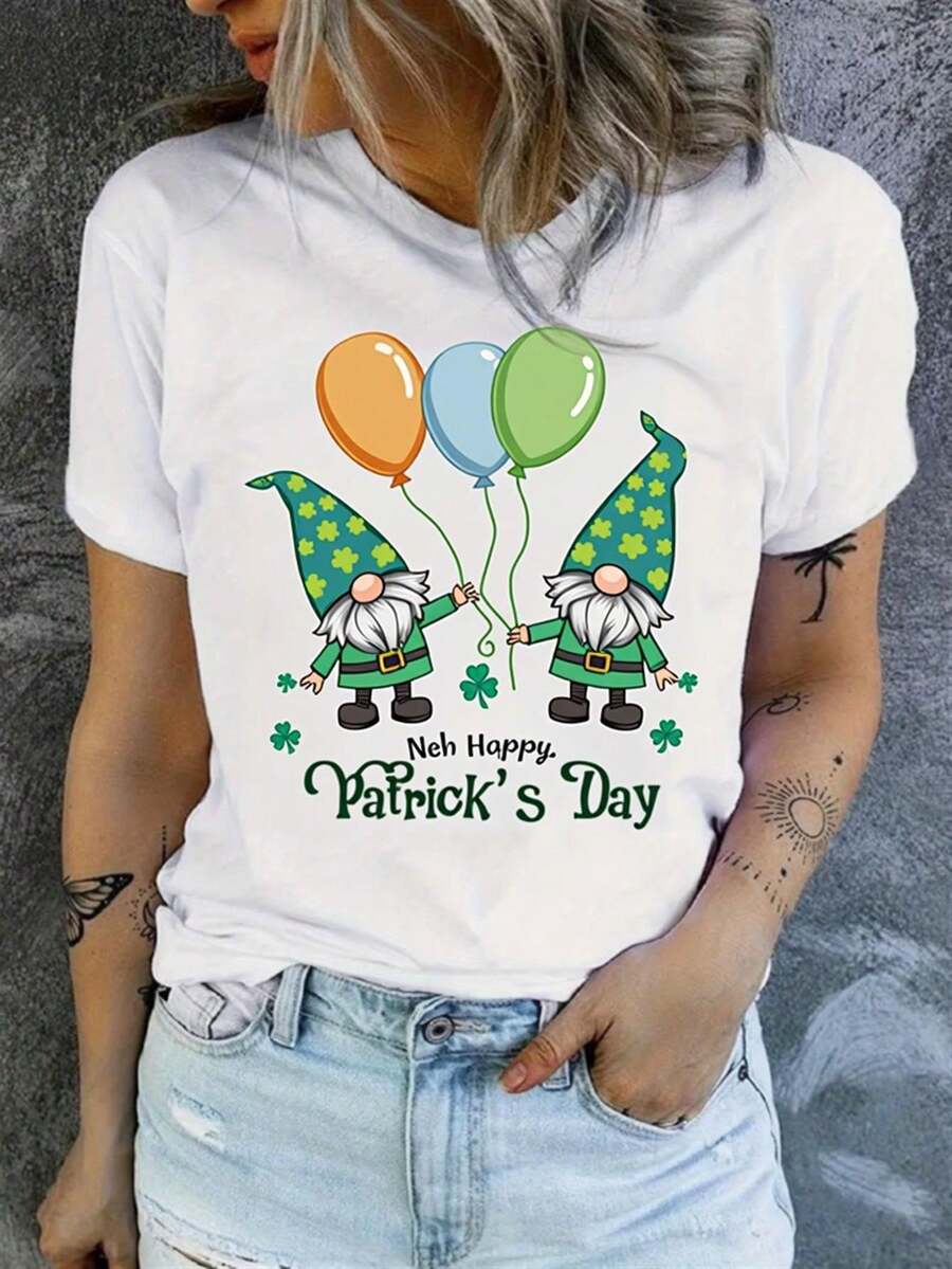 Camiseta gráfica del Día de San Patricio con impresión de globo enano perfecta para salidas casuales de verano y fiestas festivas.Dise?ado para todas las estaciones con un cuello redondo de 180 g/m 2 de tela.Nuevos productos que llegan a los almacenes locales de envío de artículos para mujeres ropa de Navidad para mujeres regalos para mujeres hermosas camisetas estampadas camisetas  de - [Blanco] - Ver 1