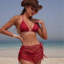 Bikini Sexy de 3 Piezas para Mujer, Set de Playa con Cordones y Diseño Ajustable, Color Sólido - 9363 Juego de tres piezas negro - Ver 2