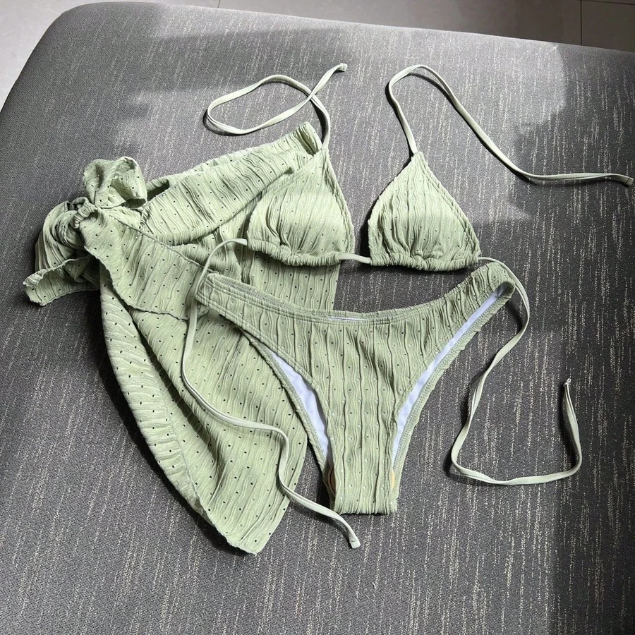 Novedad Conjunto de baño de 3 piezas - Bikini sin espalda con cordones ajustables - Verde matcha - Ver 1