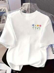 Camiseta de manga corta de talla grande para mujer - Camiseta básica casual de corte holgado, elegantes tops de poliéster, camiseta de manga corta estampada con diseños frontales y traseros - Estampados de rostro y flores - Camiseta estampada de primavera/verano para mujer, artículo de moda, versátil y casual, transpirable y cómoda. - Blanco - Ver 2