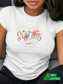 Camiseta de mujer con cuello redondo, estampado de letras y anime, de diseño sencillo, cómoda y transpirable, adecuada para el uso diario informal, que muestra un estilo veraniego refrescante, esencial para fiestas, enviada localmente con el texto "Sisters" y un patrón floral. - Blanco - Ver 8