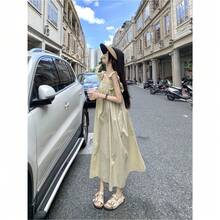 Sweet Youth Backless Square Neck Lotus Leaf Sleeve Bow Lace-Up Dress, Elegant Spring And Summer Long Dress - Màu be - Xem 4