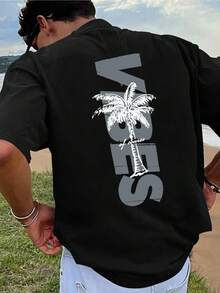 Herren-Plus-Size-Freizeit-T-Shirt mit Palmenmuster-Print 'Vibes', Schwarz mit weißem Design, leichter, atmungsaktiver Stoff, locker geschnittener Rundhalsausschnitt, kurze Ärmel, maschinenwaschbar, ideal für den Sommer und das ganze Jahr, Kleidung für warmes Wetter. |   Lebhafte - Schwarz - Übersicht 2