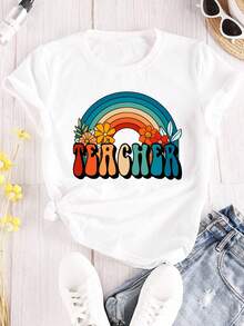 Camiseta de talla grande, manga corta, con estampado de ARCOÍRIS TEACHER, cuello redondo. - Blanco - Ver 1