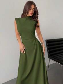 Vestido maxi de línea A con cuello alto, sin mangas, con volantes, elegante y romántico, color blanco, adecuado para citas, uso diario y el trabajo - Verde militar - Ver 5
