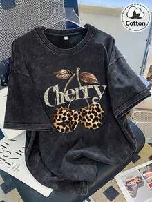 1 Piece Of Women's Vintage Loose Fit Cotton T-Shirt With Leopard And Cherry Print, Gold Embellishments, Casual Short Sleeve Top, Anti-Wrinkle Washed Cotton T-Shirt, 180g 100% Cotton. - 黑色 - 查看 7