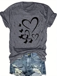 Talla Grande, Camiseta con Estampado de Letras, Manga Corta, Cuello Redondo, Top Casual, Ropa de Mujer - Gris Oscuro - Ver 1
