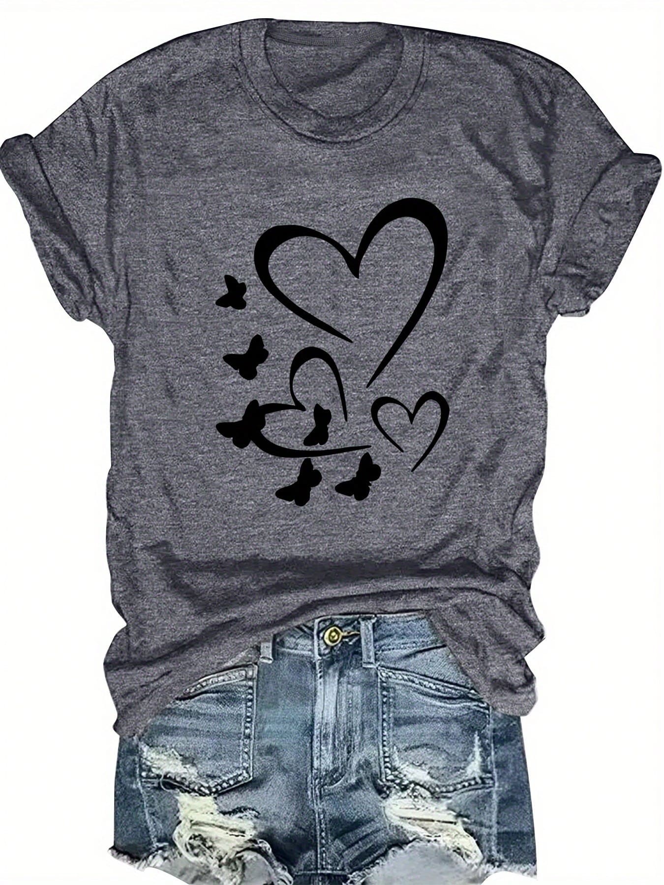 Talla Grande, Camiseta con Estampado de Letras, Manga Corta, Cuello Redondo, Top Casual, Ropa de Mujer - Gris Oscuro - Ver 1